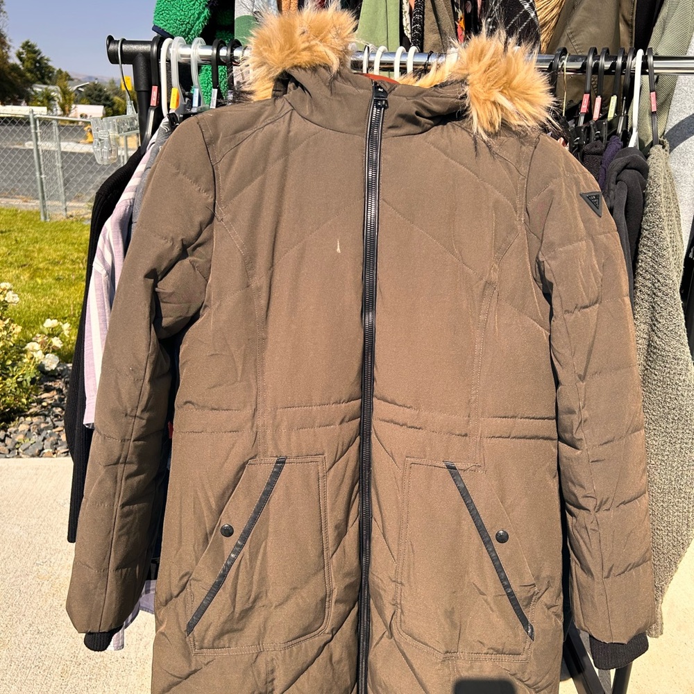 Guess Brown Puffer Jacket with Faux Fur Hood